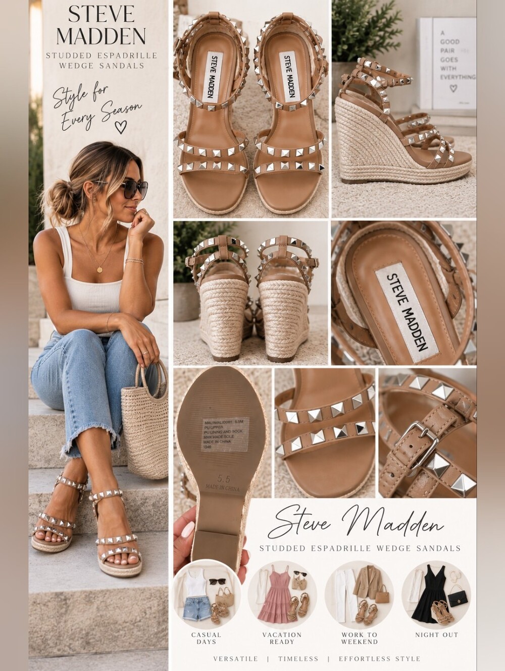 Steve Madden Studded Espadrille Wedge Sandals Nude Size 5.5